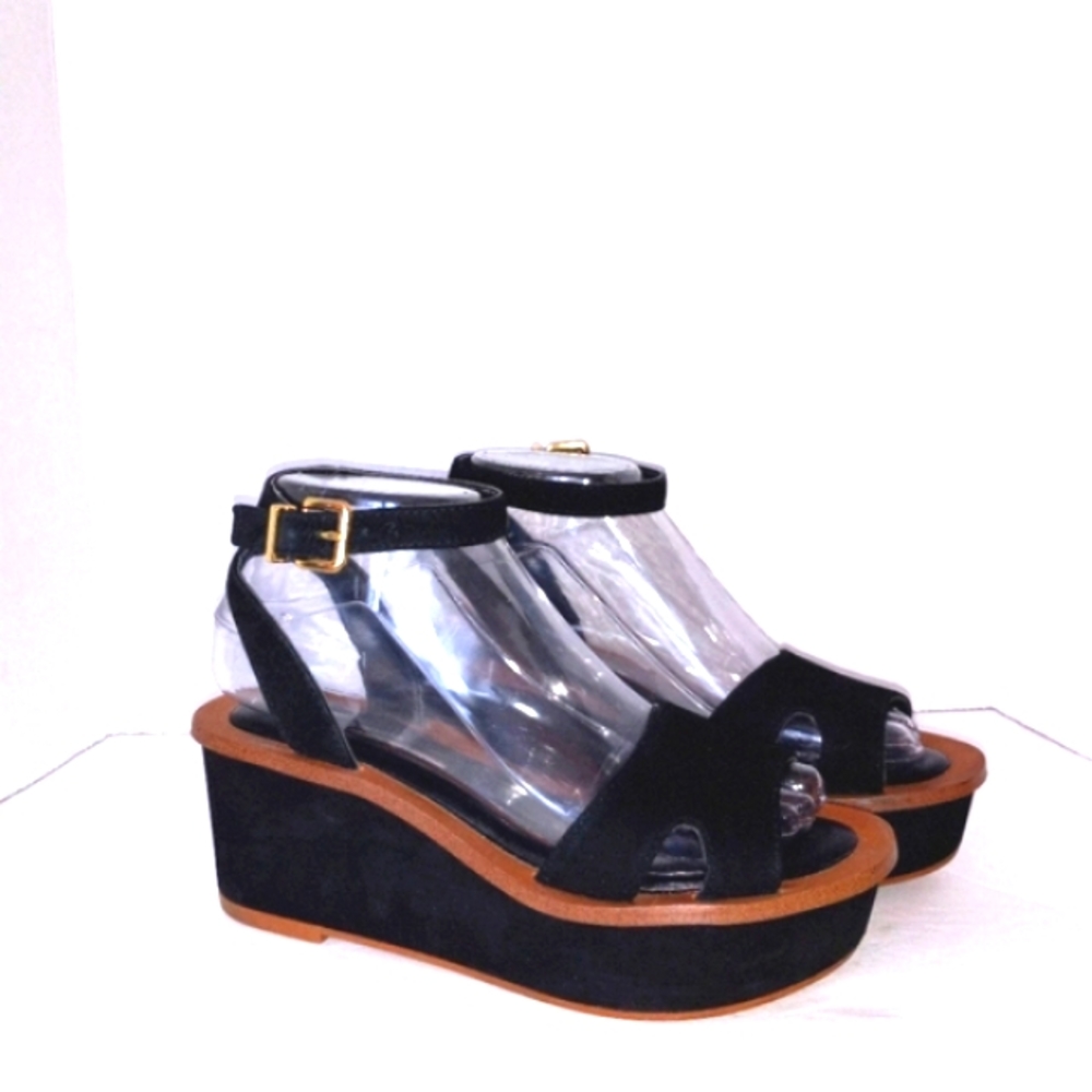 Kensie open toe black Leather wedge platform Sandals/Shoes Y2K  6.5